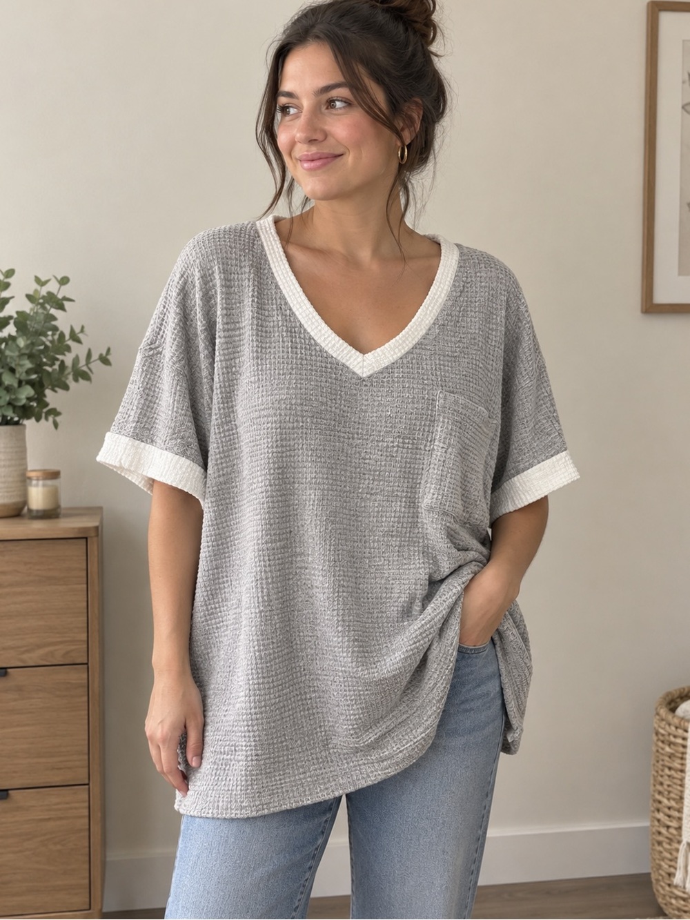 Relaxed V-Neck Waffle Knit Top in Light Gray with Cream Trim